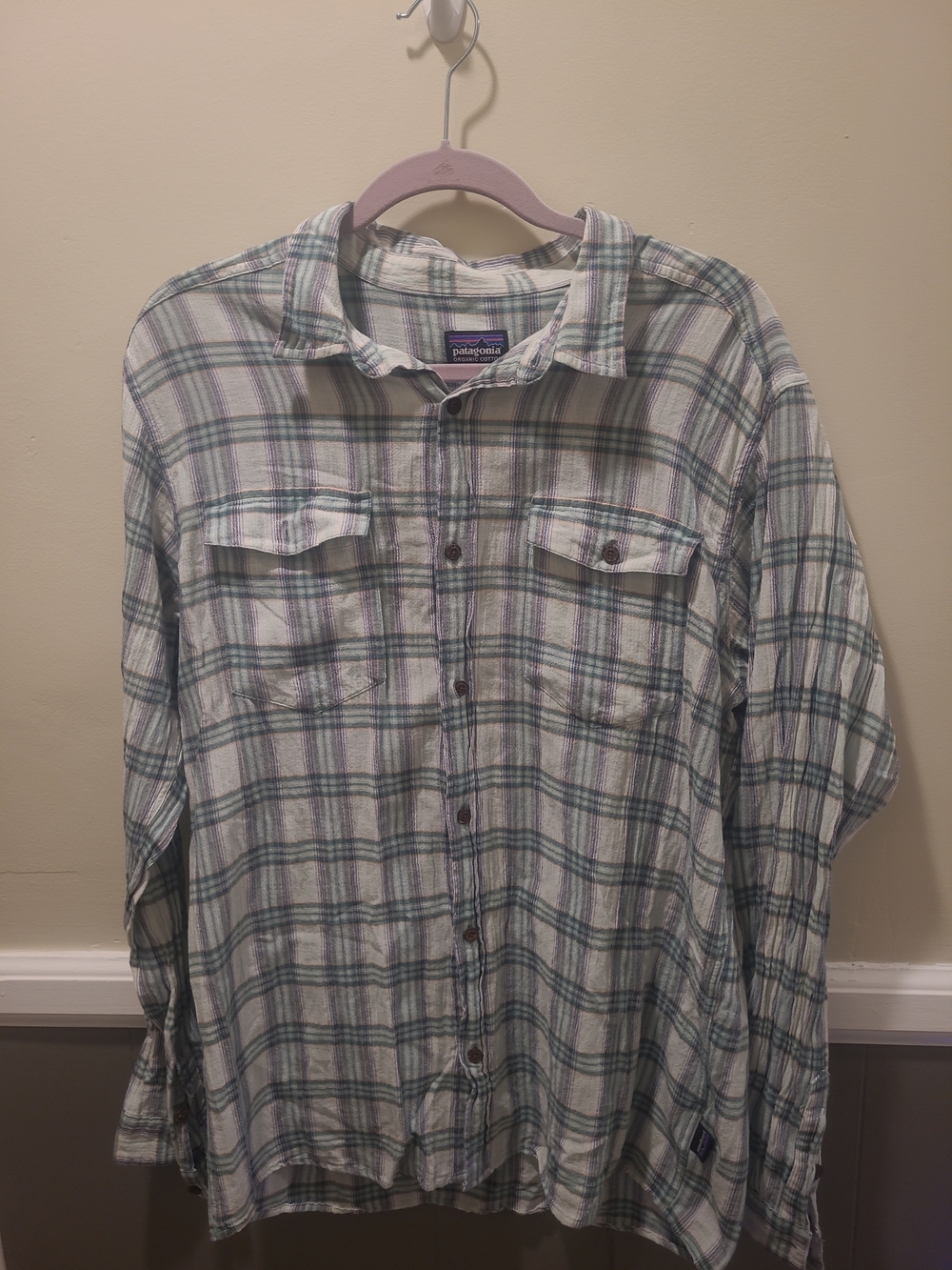 Patagonia Worn Wear Button-Up Shirt L Plaid Blue Long Sleeve Men's Organic Cottn